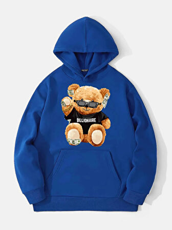 Unisex Billionarie Baskılı Kapüşonlu İçi Yumuşak Polarlı Oversize Sweatshirt - SAKS MAVİSİ