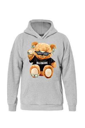 Unisex Billionarie Baskılı Kapüşonlu İçi Yumuşak Polarlı Oversize Sweatshirt - GRİ