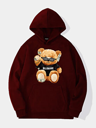 Unisex Billionarie Baskılı Kapüşonlu İçi Yumuşak Polarlı Oversize Sweatshirt - BORDO