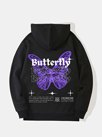 Unisex Butterfly Baskılı Kapüşonlu İçi Yumuşak Polarlı Oversize Sweatshirt - SİYAH