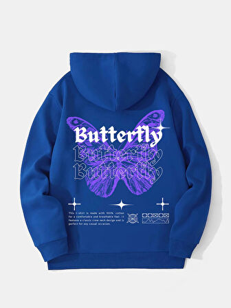 Unisex Butterfly Baskılı Kapüşonlu İçi Yumuşak Polarlı Oversize Sweatshirt - SAKS MAVİSİ