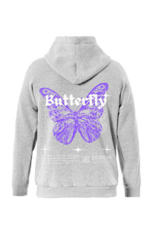 Unisex Butterfly Baskılı Kapüşonlu İçi Yumuşak Polarlı Oversize Sweatshirt - GRİ