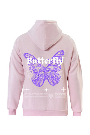 Unisex Butterfly Baskılı Kapüşonlu İçi Yumuşak Polarlı Oversize Sweatshirt - PEMBE