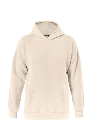 Unisex Butterfly Baskılı Kapüşonlu İçi Yumuşak Polarlı Oversize Sweatshirt - BEJ