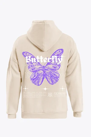 Unisex Butterfly Baskılı Kapüşonlu İçi Yumuşak Polarlı Oversize Sweatshirt - BEJ