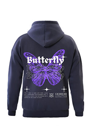 Unisex Butterfly Baskılı Kapüşonlu İçi Yumuşak Polarlı Oversize Sweatshirt - LACİVERT