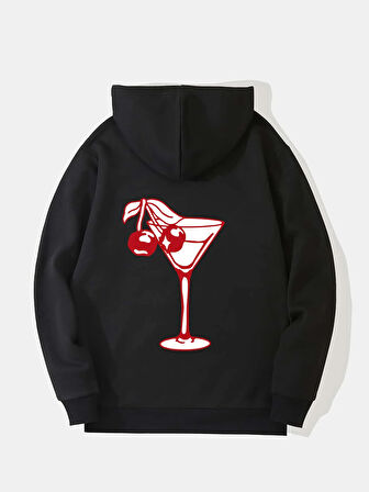Unisex Cherry Cocktail Baskılı Kapüşonlu İçi Yumuşak Polarlı Oversize Sweatshirt - SİYAH