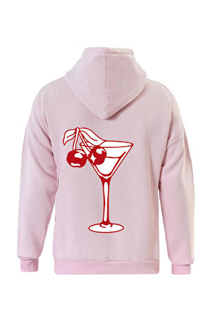 Unisex Cherry Cocktail Baskılı Kapüşonlu İçi Yumuşak Polarlı Oversize Sweatshirt - PEMBE
