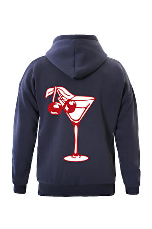 Unisex Cherry Cocktail Baskılı Kapüşonlu İçi Yumuşak Polarlı Oversize Sweatshirt - LACİVERT
