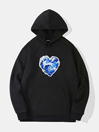 Unisex Ocen Heart Baskılı Kapüşonlu İçi Yumuşak Polarlı Oversize Sweatshirt - SİYAH