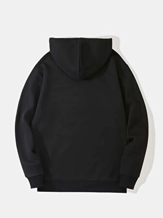 Unisex Ocen Heart Baskılı Kapüşonlu İçi Yumuşak Polarlı Oversize Sweatshirt - SİYAH
