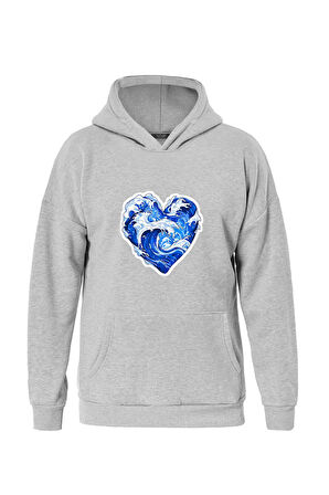 Unisex Ocen Heart Baskılı Kapüşonlu İçi Yumuşak Polarlı Oversize Sweatshirt - GRİ