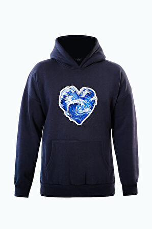 Unisex Ocen Heart Baskılı Kapüşonlu İçi Yumuşak Polarlı Oversize Sweatshirt - LACİVERT