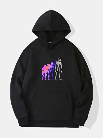 Unisex Colorful Skeleton Baskılı Kapüşonlu İçi Yumuşak Polarlı Oversize Sweatshirt - SİYAH