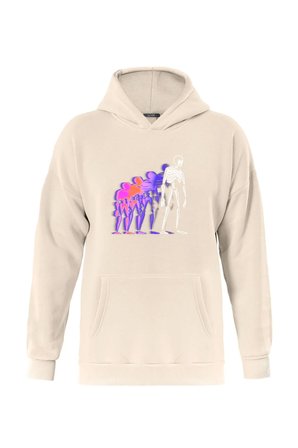 Unisex Colorful Skeleton Baskılı Kapüşonlu İçi Yumuşak Polarlı Oversize Sweatshirt - BEJ