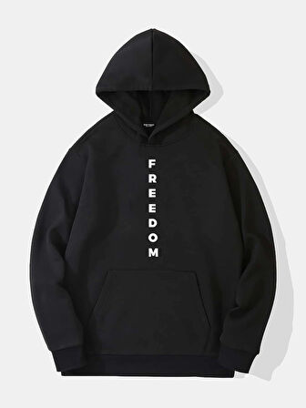 Unisex Freedom Baskılı Kapüşonlu İçi Yumuşak Polarlı Oversize Sweatshirt - SİYAH