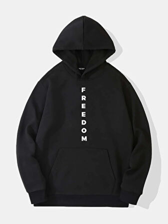 Unisex Freedom Baskılı Kapüşonlu İçi Yumuşak Polarlı Oversize Sweatshirt - SİYAH