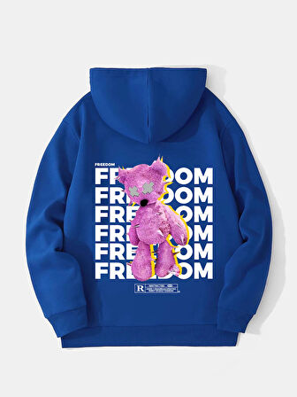 Unisex Freedom Baskılı Kapüşonlu İçi Yumuşak Polarlı Oversize Sweatshirt - SAKS MAVİSİ