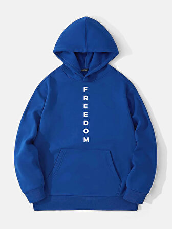 Unisex Freedom Baskılı Kapüşonlu İçi Yumuşak Polarlı Oversize Sweatshirt - SAKS MAVİSİ