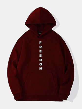 Unisex Freedom Baskılı Kapüşonlu İçi Yumuşak Polarlı Oversize Sweatshirt - BORDO