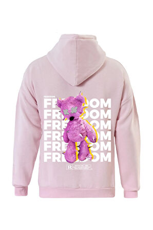 Unisex Freedom Baskılı Kapüşonlu İçi Yumuşak Polarlı Oversize Sweatshirt - PEMBE
