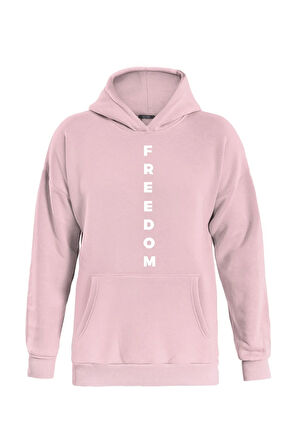Unisex Freedom Baskılı Kapüşonlu İçi Yumuşak Polarlı Oversize Sweatshirt - PEMBE