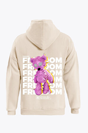 Unisex Freedom Baskılı Kapüşonlu İçi Yumuşak Polarlı Oversize Sweatshirt - BEJ
