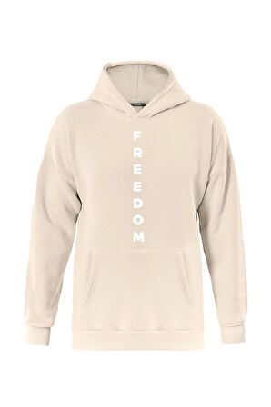 Unisex Freedom Baskılı Kapüşonlu İçi Yumuşak Polarlı Oversize Sweatshirt - BEJ