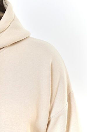 Unisex Freedom Baskılı Kapüşonlu İçi Yumuşak Polarlı Oversize Sweatshirt - BEJ