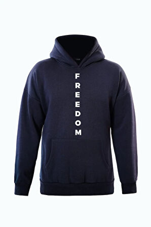 Unisex Freedom Baskılı Kapüşonlu İçi Yumuşak Polarlı Oversize Sweatshirt - LACİVERT