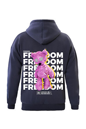 Unisex Freedom Baskılı Kapüşonlu İçi Yumuşak Polarlı Oversize Sweatshirt - LACİVERT