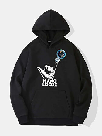 Unisex Hang Loose Baskılı Kapüşonlu İçi Yumuşak Polarlı Oversize Sweatshirt - SİYAH