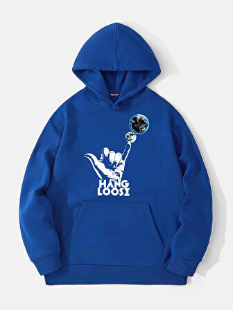 Unisex Hang Loose Baskılı Kapüşonlu İçi Yumuşak Polarlı Oversize Sweatshirt - SAKS MAVİSİ