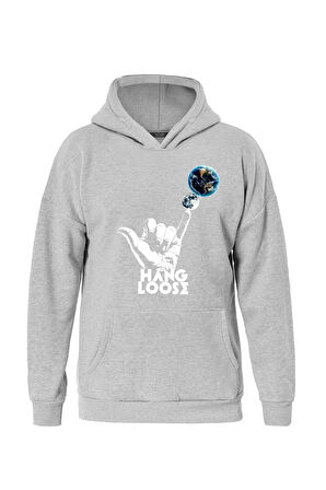 Unisex Hang Loose Baskılı Kapüşonlu İçi Yumuşak Polarlı Oversize Sweatshirt - GRİ