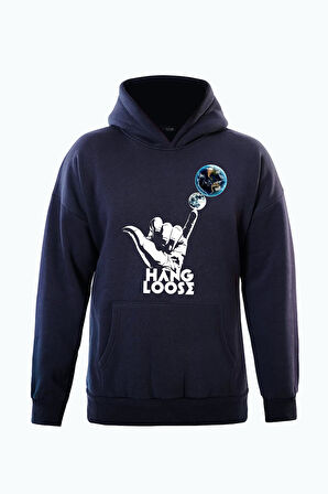 Unisex Hang Loose Baskılı Kapüşonlu İçi Yumuşak Polarlı Oversize Sweatshirt - LACİVERT