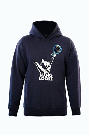 Unisex Hang Loose Baskılı Kapüşonlu İçi Yumuşak Polarlı Oversize Sweatshirt - LACİVERT