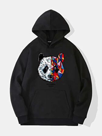 Unisex Heiparman Panda Baskılı Kapüşonlu İçi Yumuşak Polarlı Oversize Sweatshirt - SİYAH