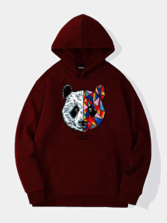 Unisex Heiparman Panda Baskılı Kapüşonlu İçi Yumuşak Polarlı Oversize Sweatshirt - BORDO