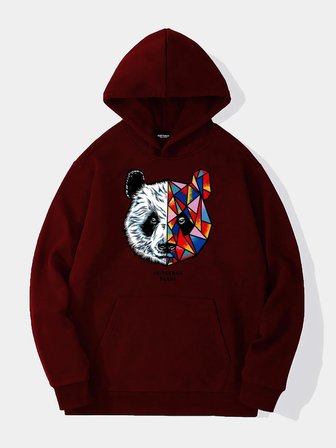 Unisex Heiparman Panda Baskılı Kapüşonlu İçi Yumuşak Polarlı Oversize Sweatshirt - BORDO