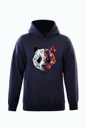 Unisex Heiparman Panda Baskılı Kapüşonlu İçi Yumuşak Polarlı Oversize Sweatshirt - LACİVERT