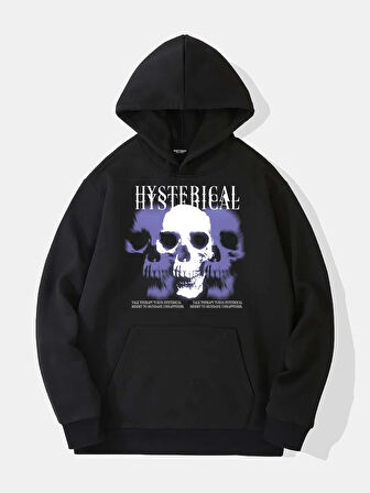 Unisex Hysterigal Baskılı Kapüşonlu İçi Yumuşak Polarlı Oversize Sweatshirt - SİYAH