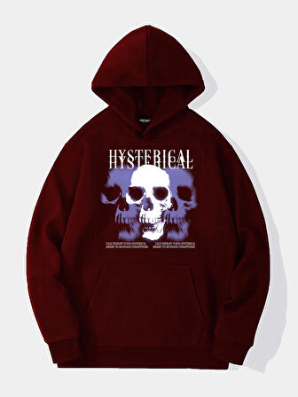 Unisex Hysterigal Baskılı Kapüşonlu İçi Yumuşak Polarlı Oversize Sweatshirt - BORDO