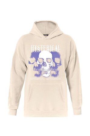 Unisex Hysterigal Baskılı Kapüşonlu İçi Yumuşak Polarlı Oversize Sweatshirt - BEJ