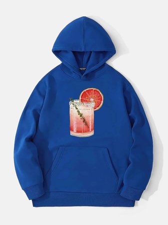 Unisex Orange Cocktail Baskılı Kapüşonlu İçi Yumuşak Polarlı Oversize Sweatshirt - SAKS MAVİSİ
