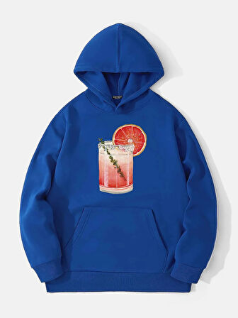 Unisex Orange Cocktail Baskılı Kapüşonlu İçi Yumuşak Polarlı Oversize Sweatshirt - SAKS MAVİSİ