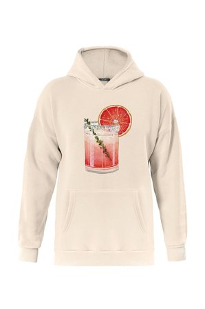 Unisex Orange Cocktail Baskılı Kapüşonlu İçi Yumuşak Polarlı Oversize Sweatshirt - BEJ