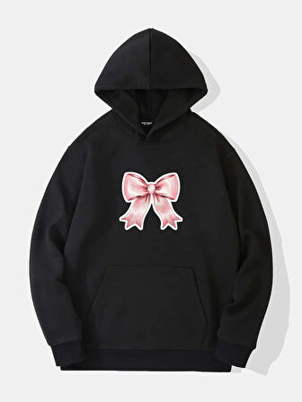 Unisex Powder Pink Baskılı Kapüşonlu İçi Yumuşak Polarlı Oversize Sweatshirt - SİYAH