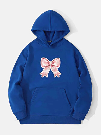 Unisex Powder Pink Baskılı Kapüşonlu İçi Yumuşak Polarlı Oversize Sweatshirt - SAKS MAVİSİ