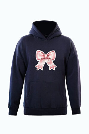 Unisex Powder Pink Baskılı Kapüşonlu İçi Yumuşak Polarlı Oversize Sweatshirt - LACİVERT