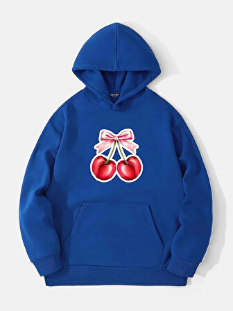 Unisex Ribbon Cherry Baskılı Kapüşonlu İçi Yumuşak Polarlı Oversize Sweatshirt - SAKS MAVİSİ